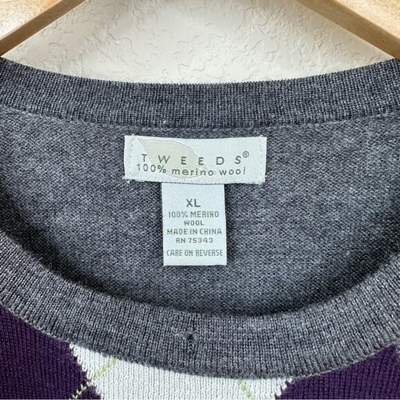 TWEEDS 100% Merino Wool Sweater Button Shoulder Gray Purple White Women’s Sz XL - Picture 9 of 11